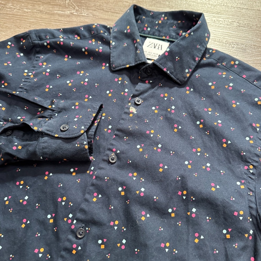 Zara Shirt Mens Small Blue Geometric AOP Slim Preppy Casual Classiccore Cotton